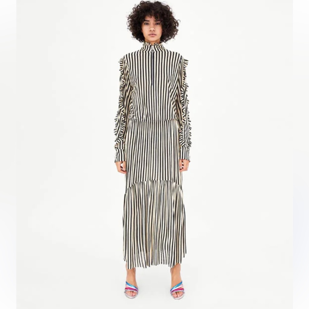 Zara Stripped Ruffle Midi Dress Nwt